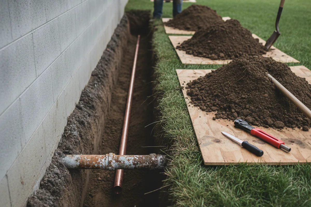 Excavated water line trench during Water Heater Repair in Redkey